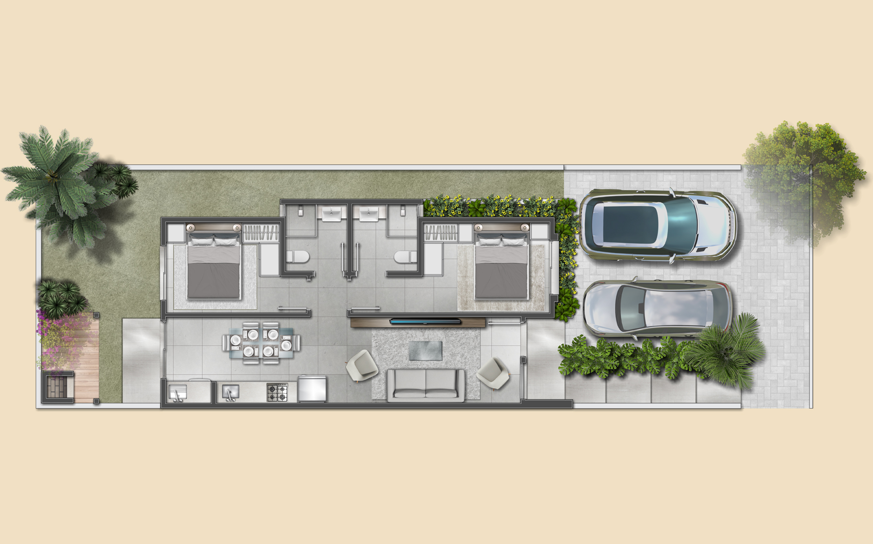 Planta baixa casa 2 dormitórios Vale dos Plátanos Gramado - 58m² com suíte