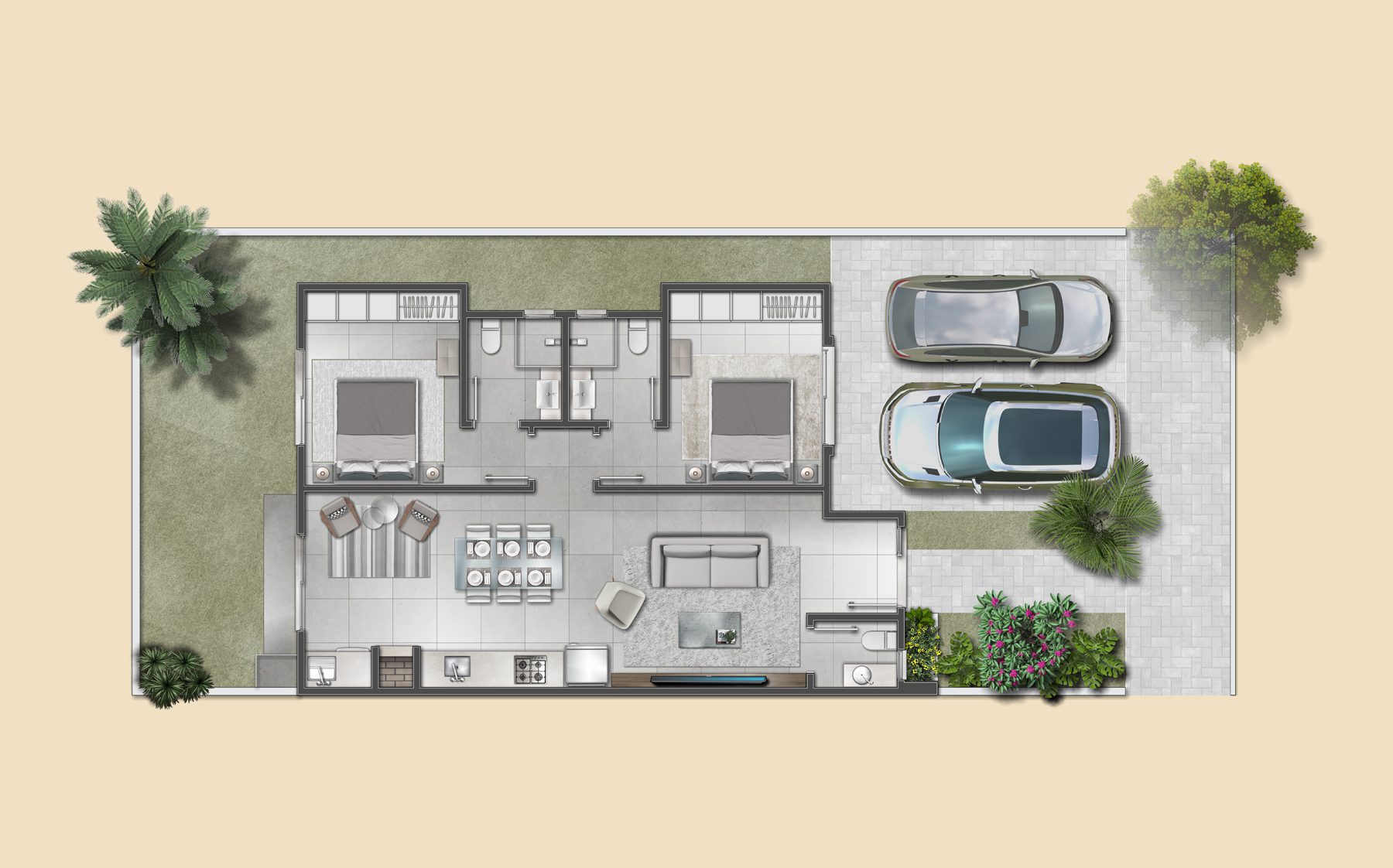 Planta baixa casa 2 suítes Vale dos Plátanos Gramado - 75m² completa